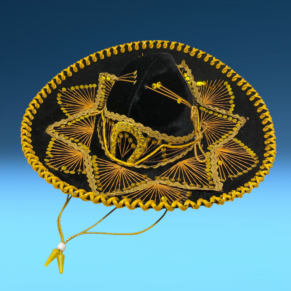 Vintage Pigalle Mexican Sombrero Mariachi Hat Black Gold 18" Hecho En Mexico